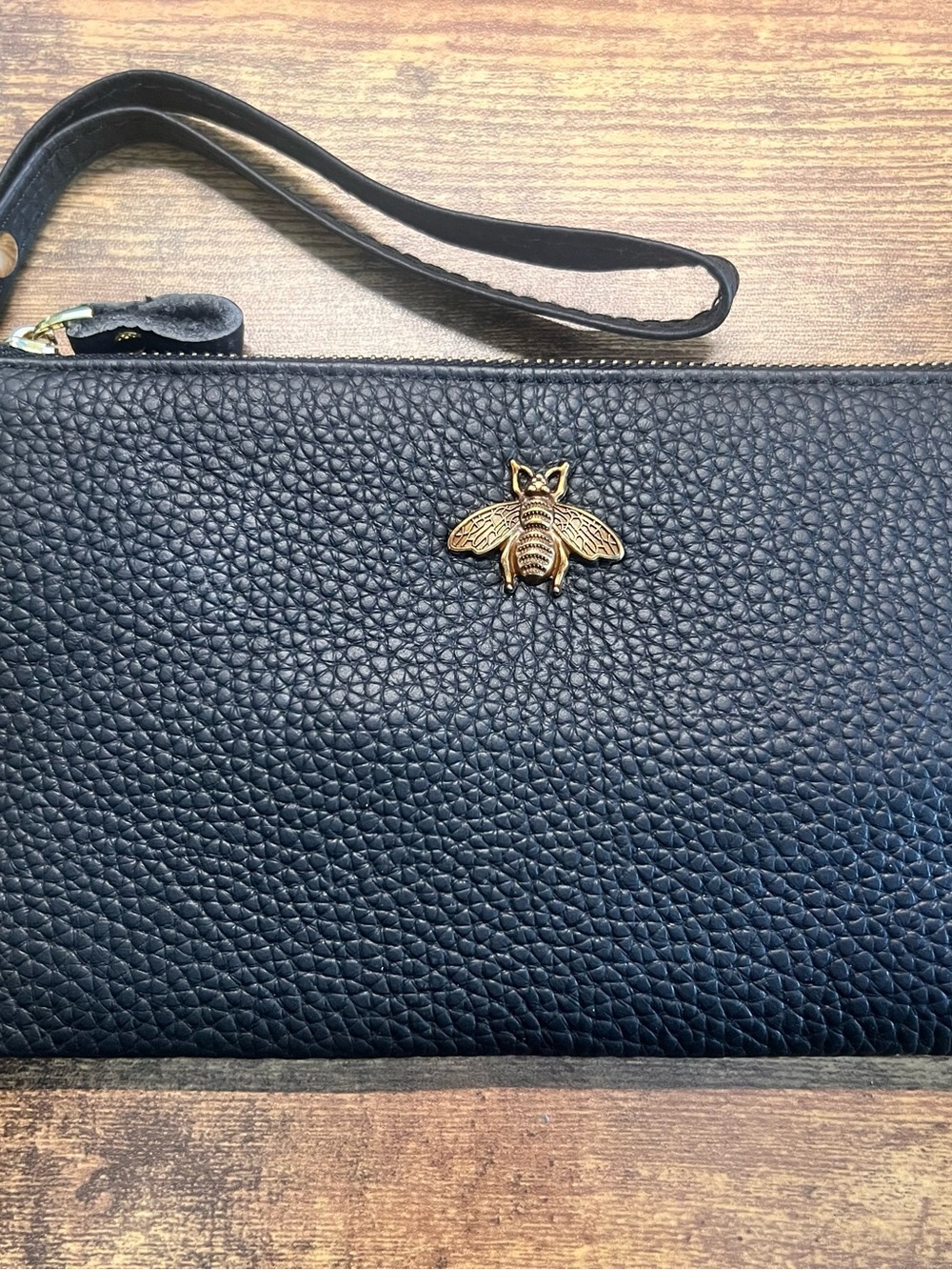Black Leather Wristlet Clutch with Gold Bee Accent